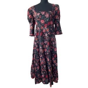 Diane Von Furstenberg Floral Smocked Square Neck Maxi Dress Black Red‎ Size 8